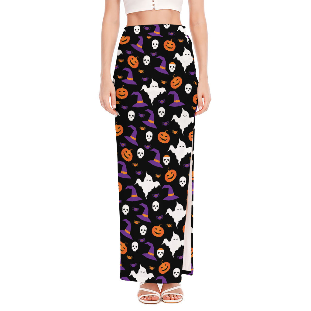 Happy Halloween Ghost Pattern Print High Slit Maxi Skirt