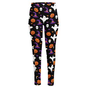 Happy Halloween Ghost Pattern Print High-Waisted Pocket Leggings