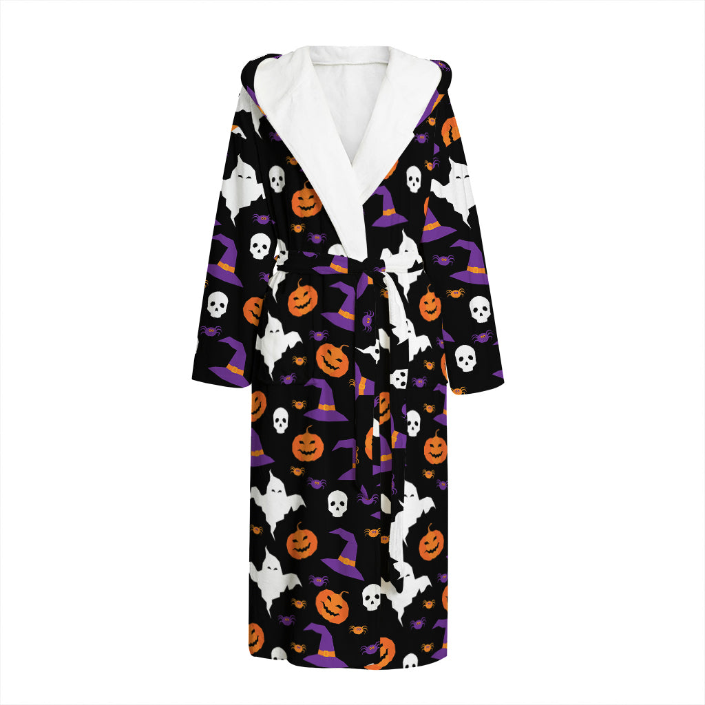 Happy Halloween Ghost Pattern Print Hooded Bathrobe