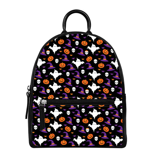 Happy Halloween Ghost Pattern Print Leather Backpack