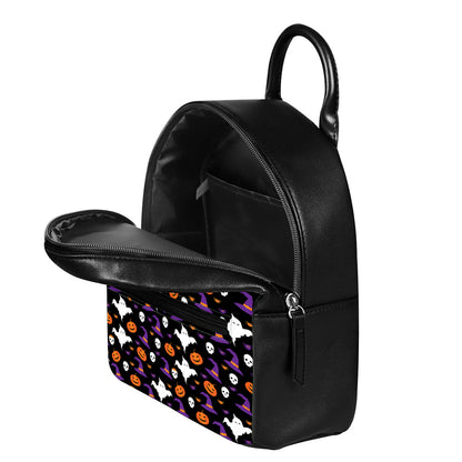 Happy Halloween Ghost Pattern Print Leather Backpack