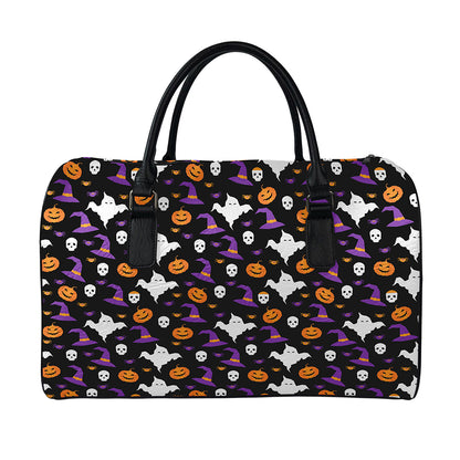 Happy Halloween Ghost Pattern Print Leather Duffle Bag