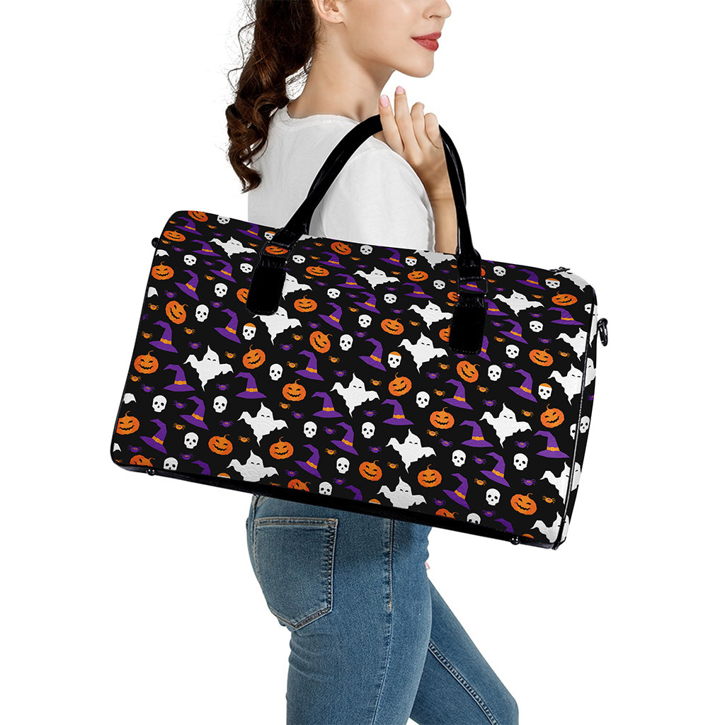 Happy Halloween Ghost Pattern Print Leather Duffle Bag
