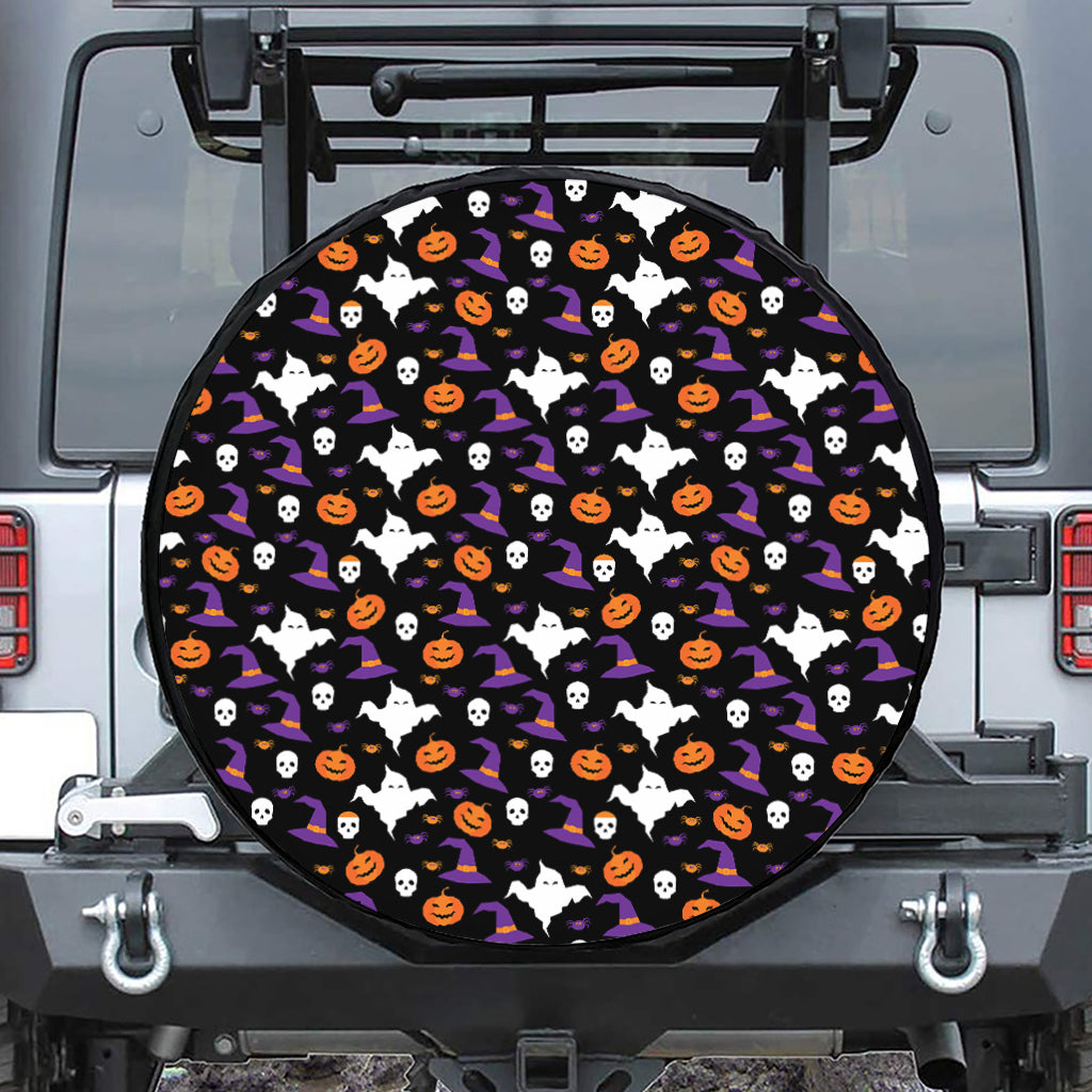 Happy Halloween Ghost Pattern Print Leather Spare Tire Cover