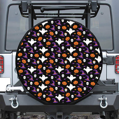 Happy Halloween Ghost Pattern Print Leather Spare Tire Cover