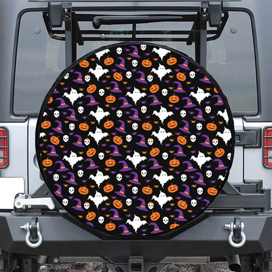 Happy Halloween Ghost Pattern Print Leather Spare Tire Cover