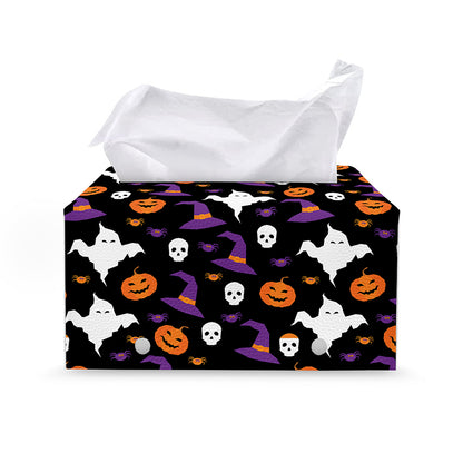 Happy Halloween Ghost Pattern Print Leather Tissue Box Cover