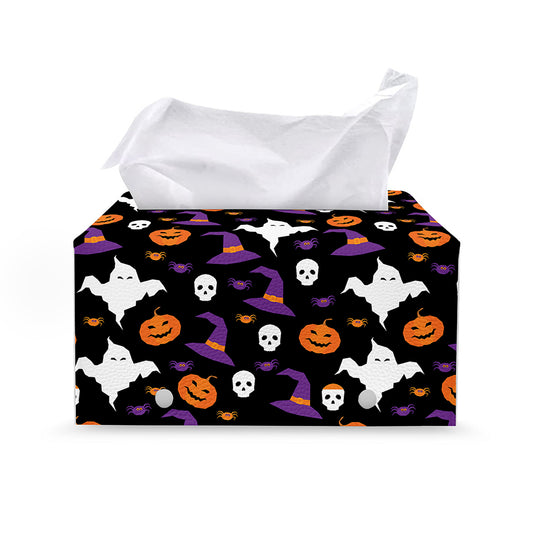 Happy Halloween Ghost Pattern Print Leather Tissue Box Cover