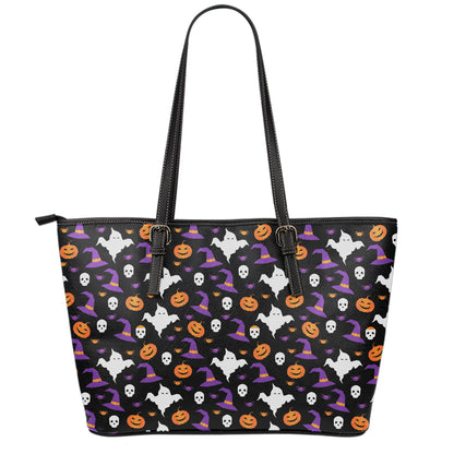 Happy Halloween Ghost Pattern Print Leather Tote Bag