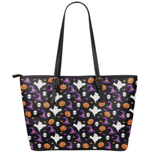 Happy Halloween Ghost Pattern Print Leather Tote Bag