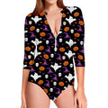 Happy Halloween Ghost Pattern Print Long Sleeve Swimsuit