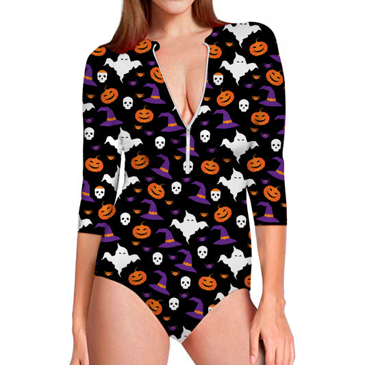 Happy Halloween Ghost Pattern Print Long Sleeve Swimsuit