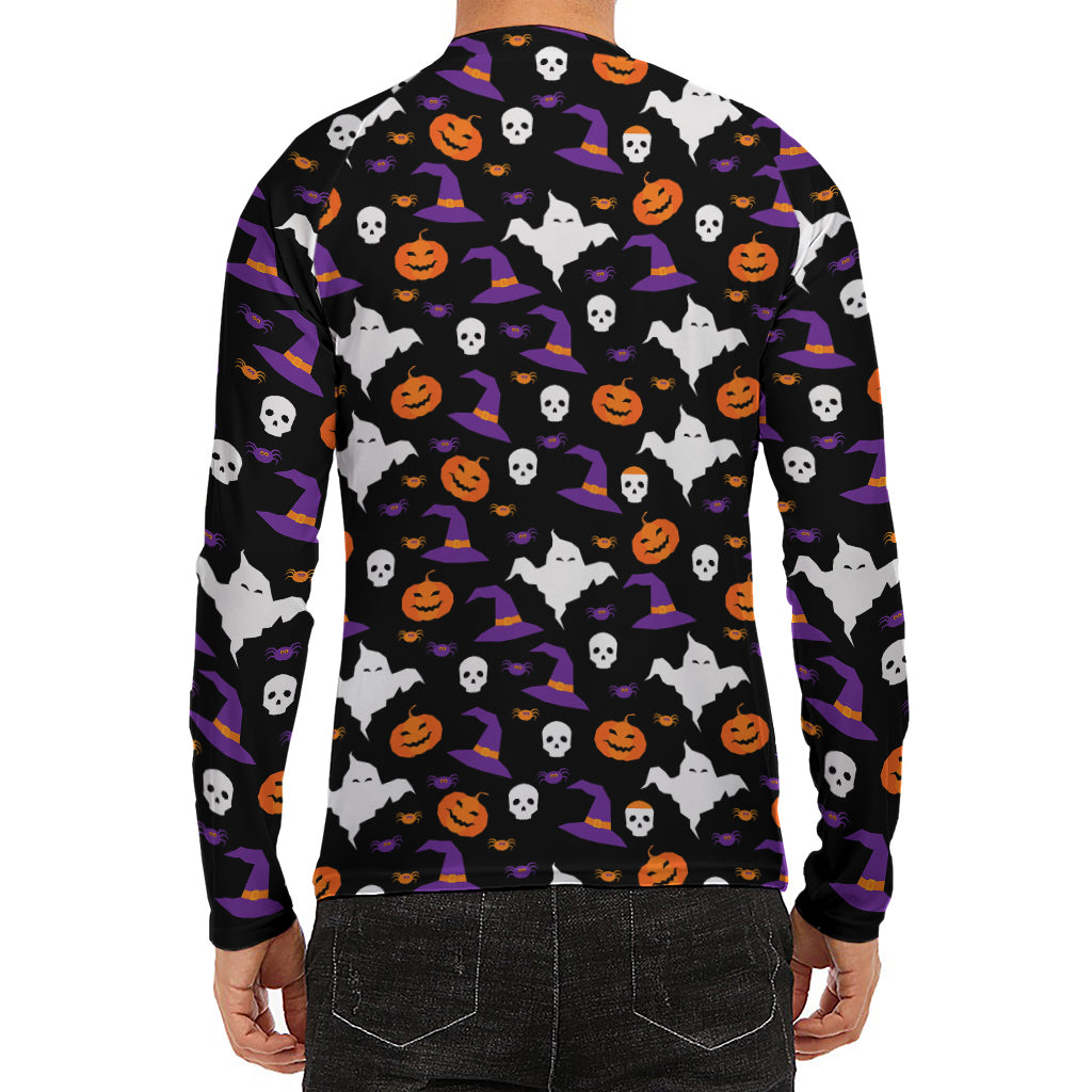Happy Halloween Ghost Pattern Print Men's Long Sleeve Rash Guard
