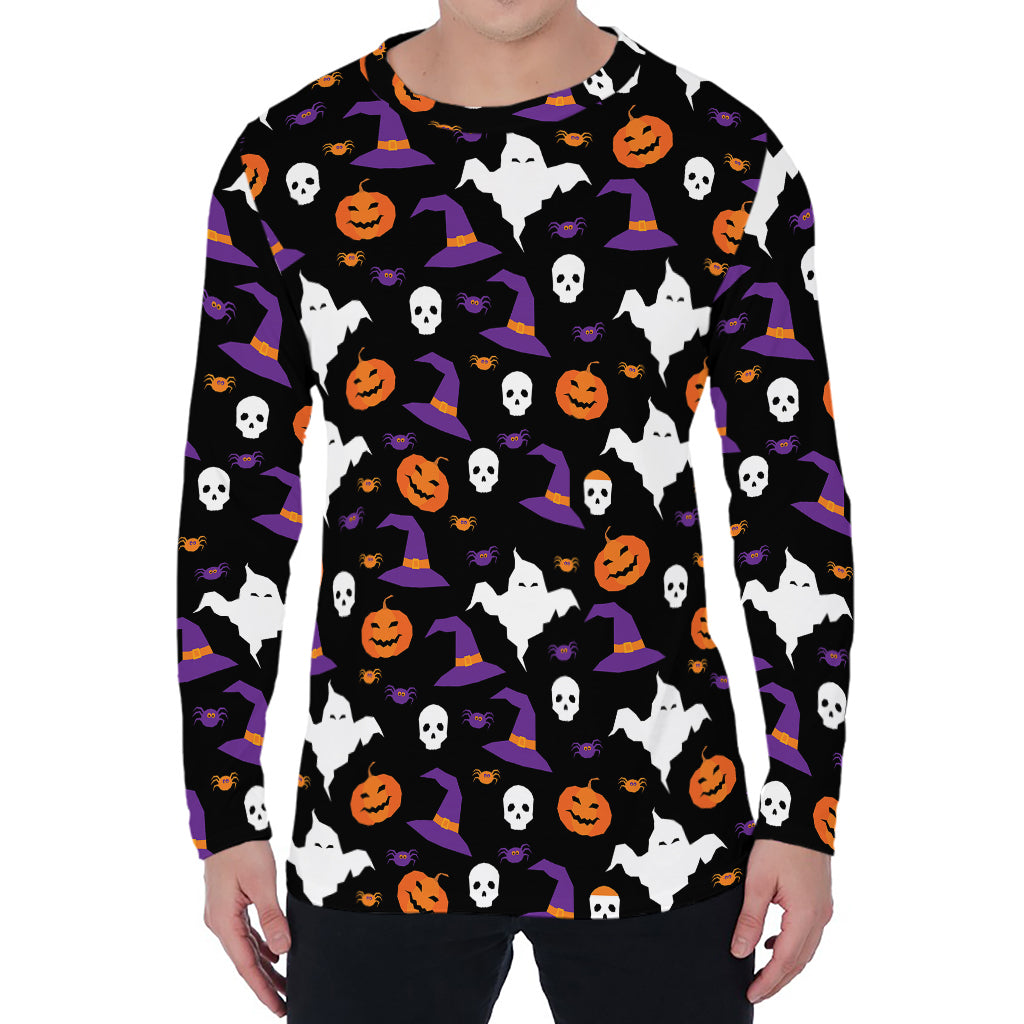 Happy Halloween Ghost Pattern Print Men's Long Sleeve T-Shirt