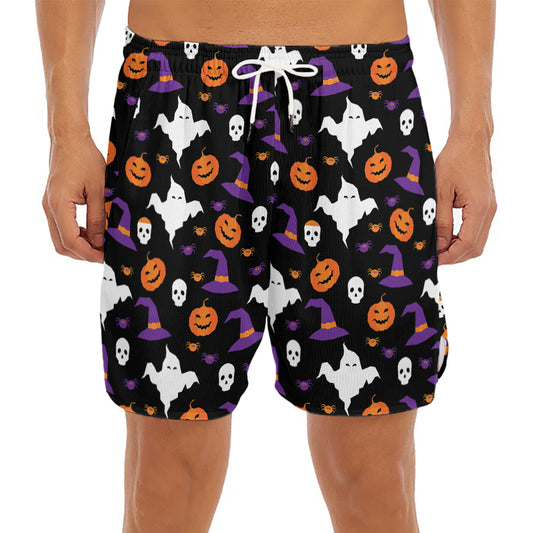 Happy Halloween Ghost Pattern Print Men's Split Running Shorts