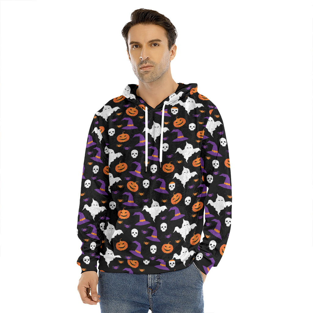 Happy Halloween Ghost Pattern Print Men's Velvet Pullover Hoodie