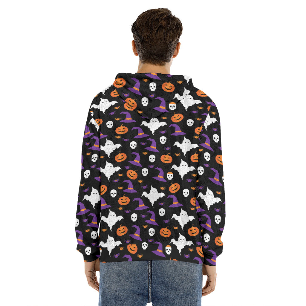 Happy Halloween Ghost Pattern Print Men's Velvet Pullover Hoodie