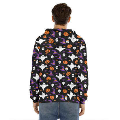 Happy Halloween Ghost Pattern Print Men's Velvet Pullover Hoodie