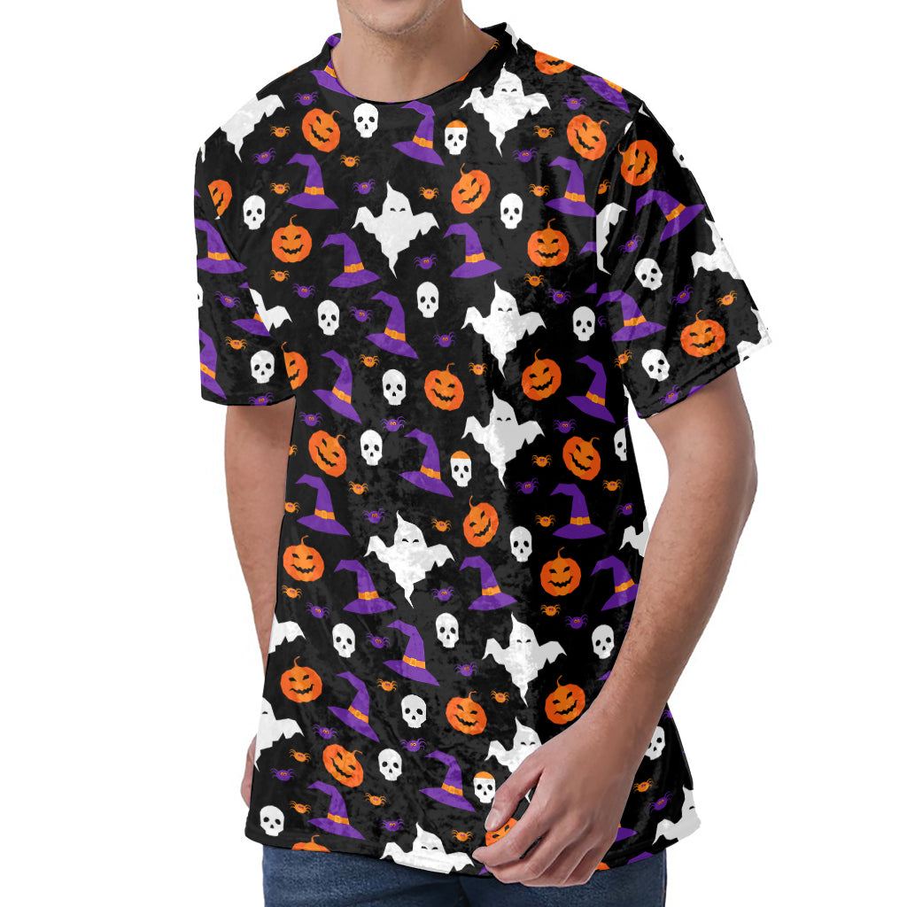 Happy Halloween Ghost Pattern Print Men's Velvet T-Shirt