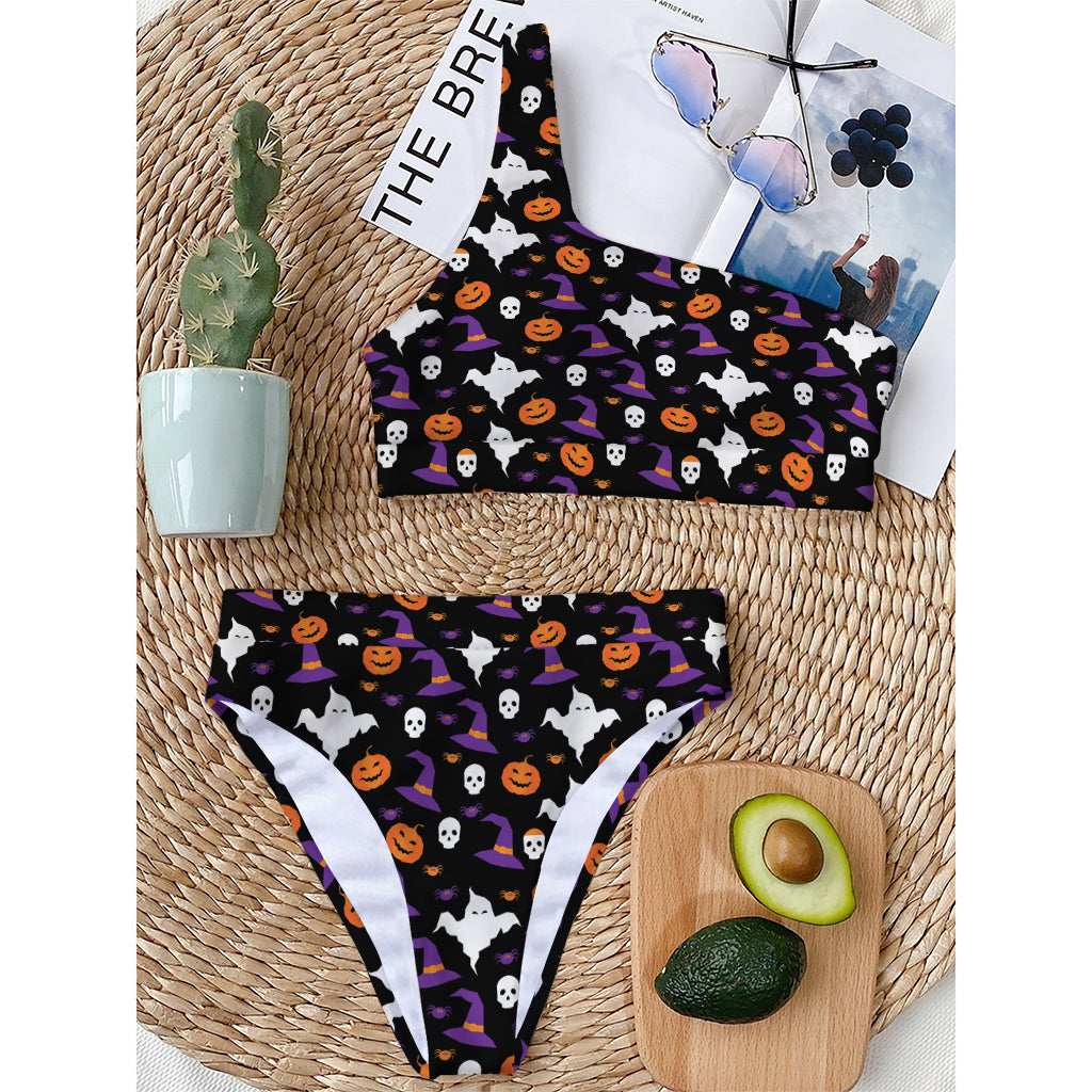 Happy Halloween Ghost Pattern Print One Shoulder Bikini Top