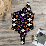 Happy Halloween Ghost Pattern Print One Shoulder Bodysuit