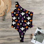 Happy Halloween Ghost Pattern Print One Shoulder Bodysuit
