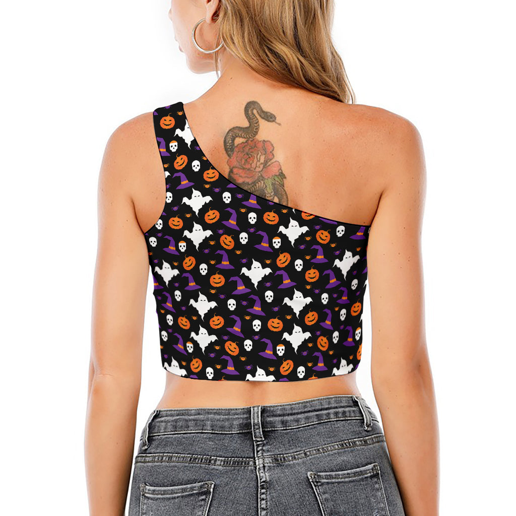 Happy Halloween Ghost Pattern Print One Shoulder Crop Top