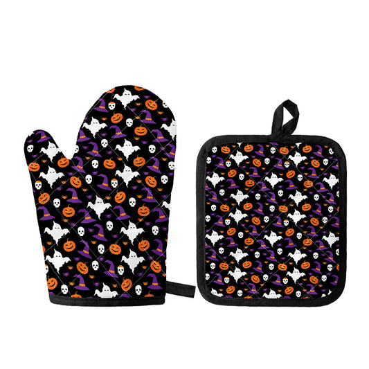 Happy Halloween Ghost Pattern Print Oven Mitt And Pot Holder Set