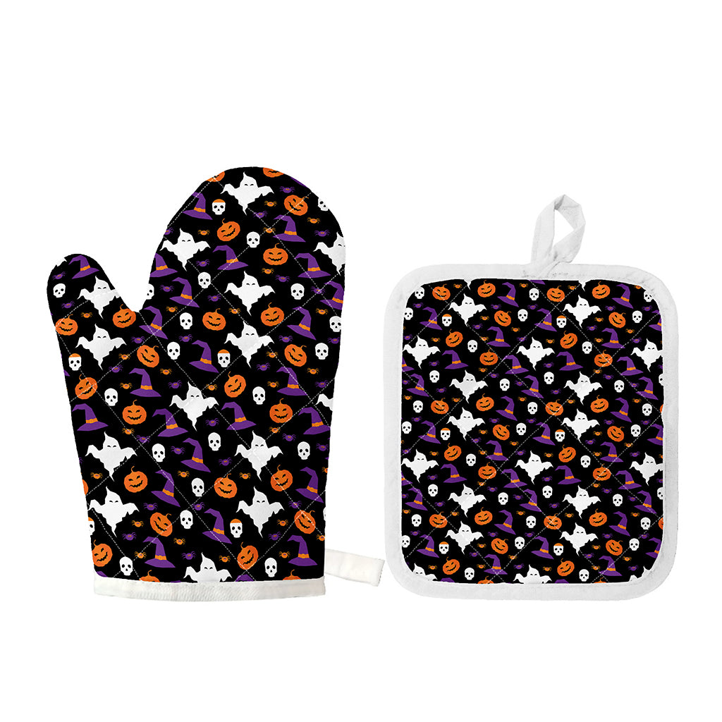 Happy Halloween Ghost Pattern Print Oven Mitt And Pot Holder Set