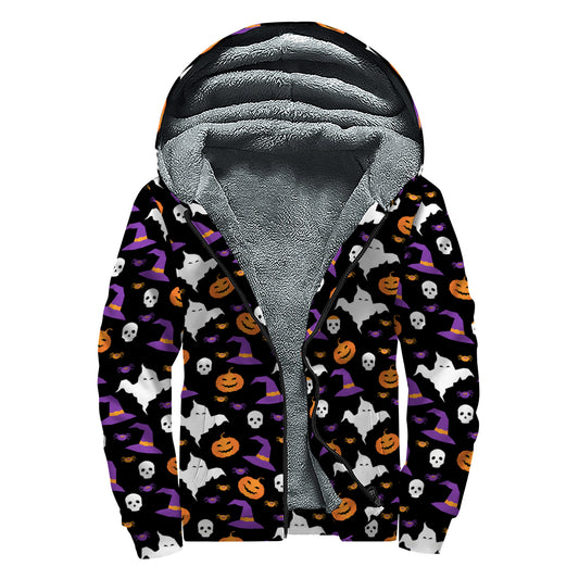 Happy Halloween Ghost Pattern Print Sherpa Lined Zip Up Hoodie
