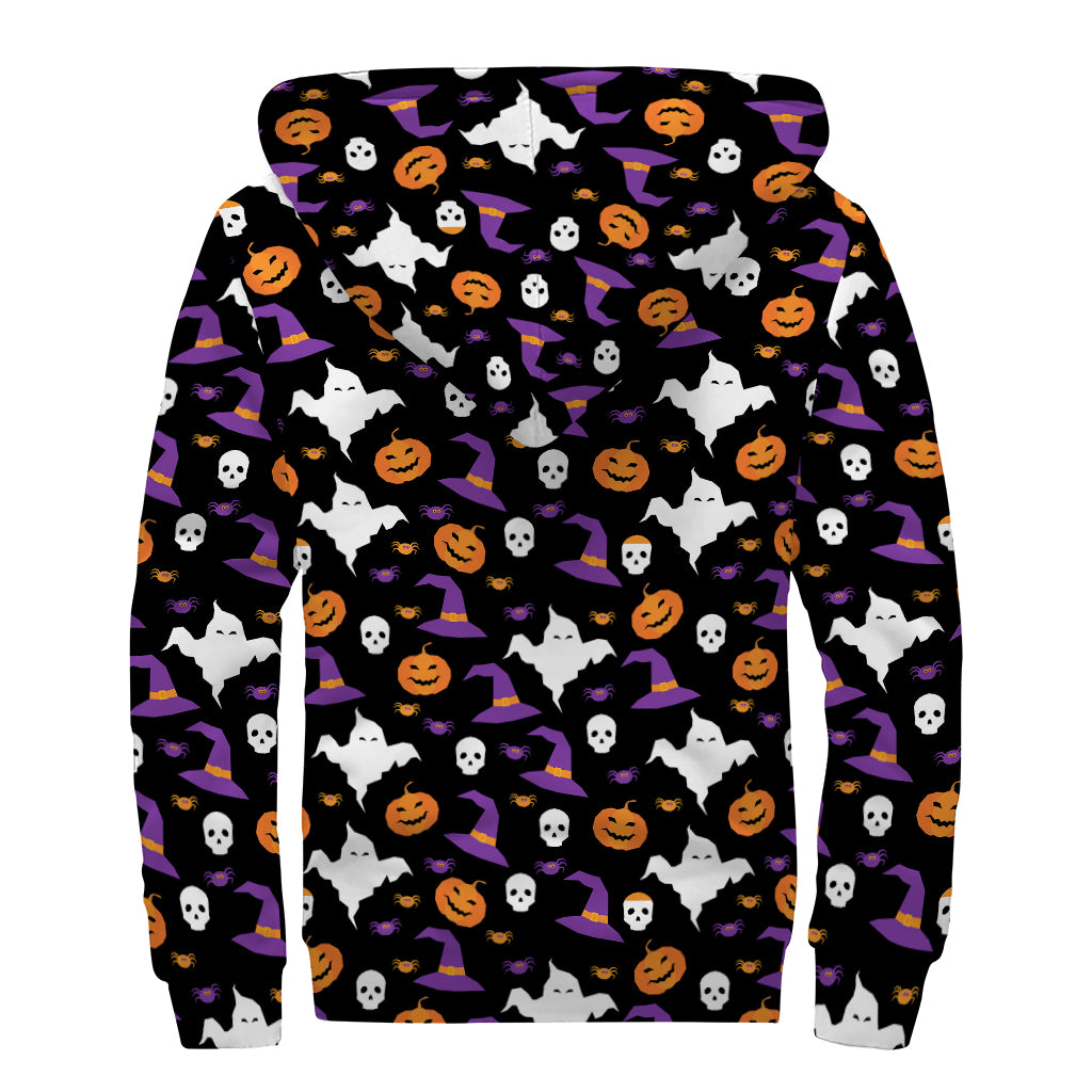 Happy Halloween Ghost Pattern Print Sherpa Lined Zip Up Hoodie