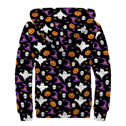 Happy Halloween Ghost Pattern Print Sherpa Lined Zip Up Hoodie