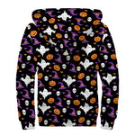 Happy Halloween Ghost Pattern Print Sherpa Lined Zip Up Hoodie