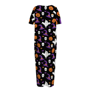 Happy Halloween Ghost Pattern Print Short Sleeve Long Nightdress