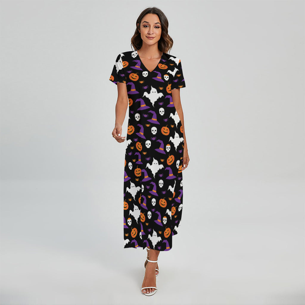 Happy Halloween Ghost Pattern Print Short Sleeve Maxi Dress