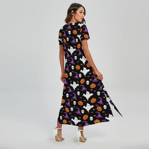 Happy Halloween Ghost Pattern Print Short Sleeve Maxi Dress