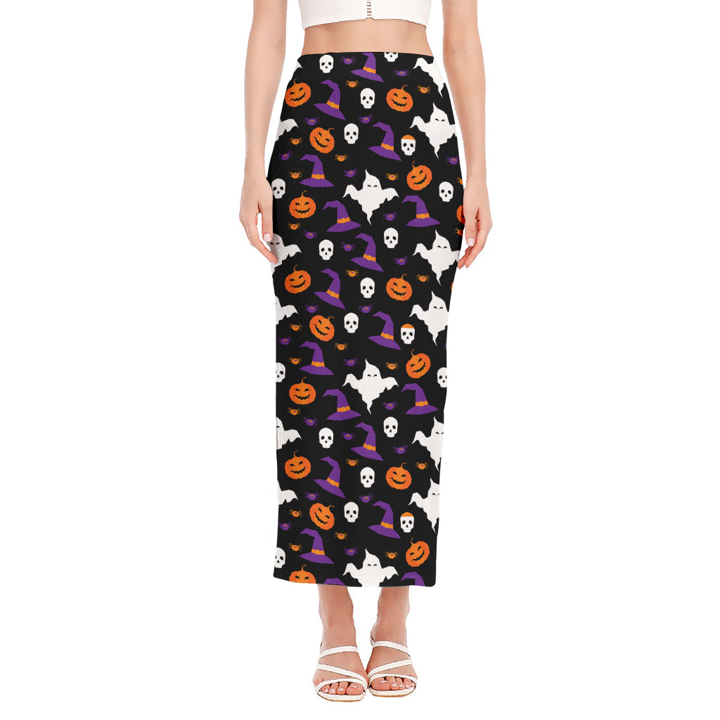 Happy Halloween Ghost Pattern Print Side Slit Maxi Skirt