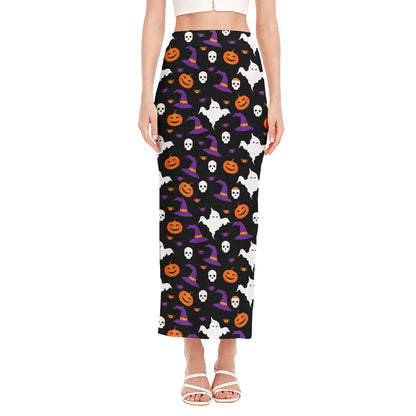 Happy Halloween Ghost Pattern Print Side Slit Maxi Skirt