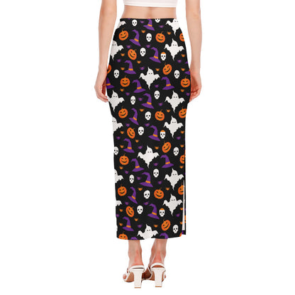Happy Halloween Ghost Pattern Print Side Slit Maxi Skirt