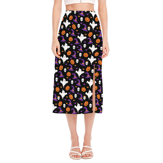 Happy Halloween Ghost Pattern Print Side Slit Midi Skirt