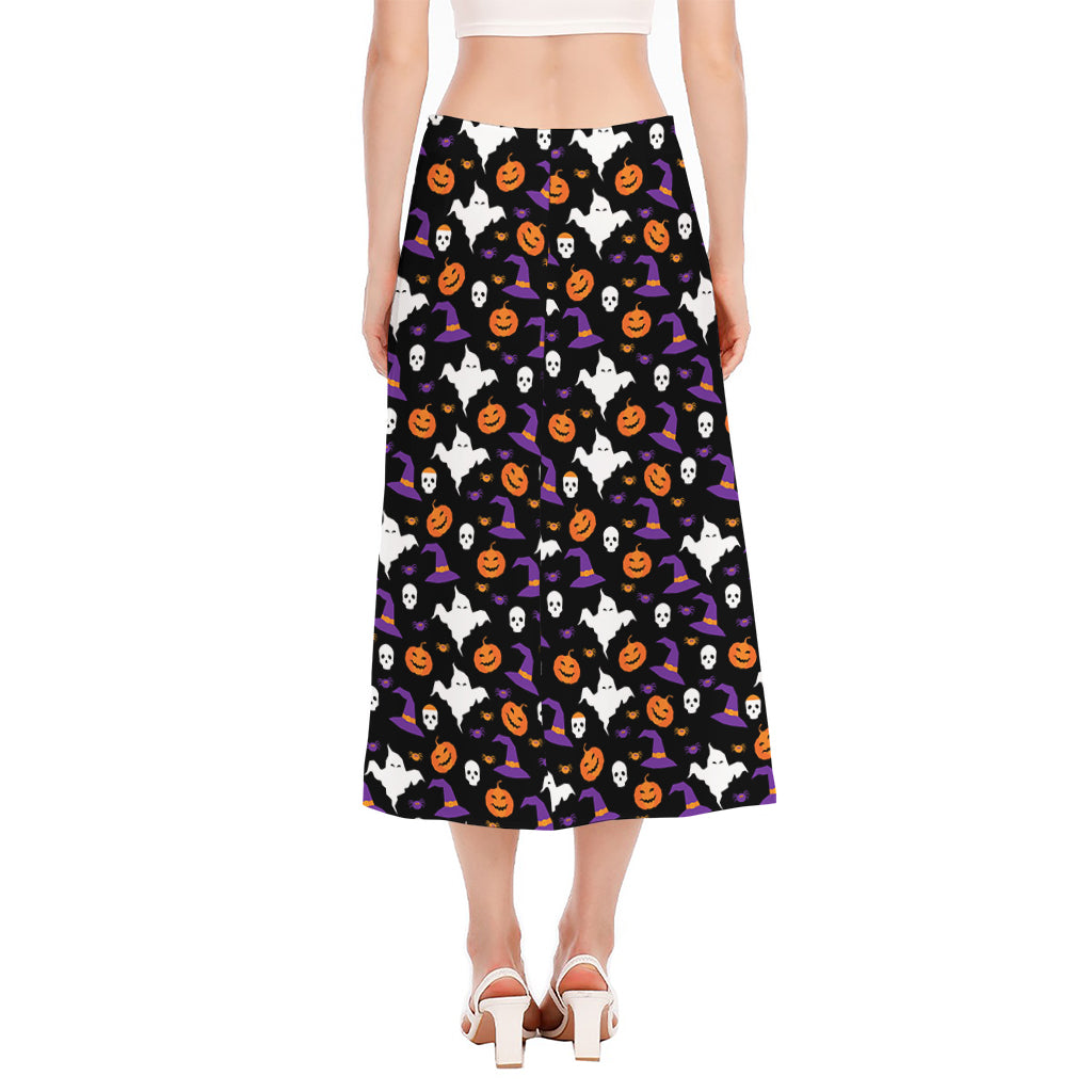 Happy Halloween Ghost Pattern Print Side Slit Midi Skirt