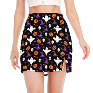 Happy Halloween Ghost Pattern Print Side Slit Mini Skirt