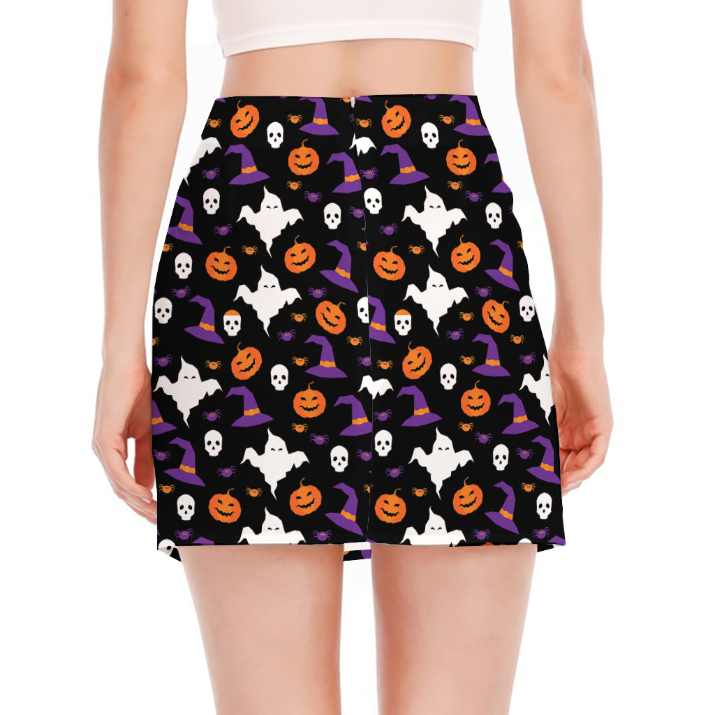 Happy Halloween Ghost Pattern Print Side Slit Mini Skirt