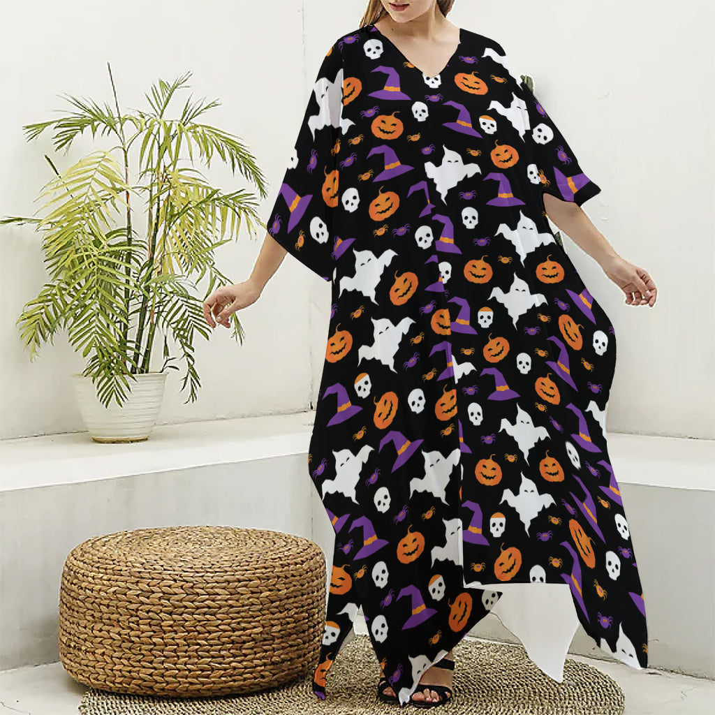 Happy Halloween Ghost Pattern Print Silk V-Neck Kaftan Dress