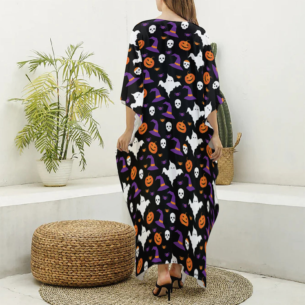 Happy Halloween Ghost Pattern Print Silk V-Neck Kaftan Dress