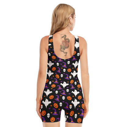 Happy Halloween Ghost Pattern Print Sleeveless One Piece Swimsuit