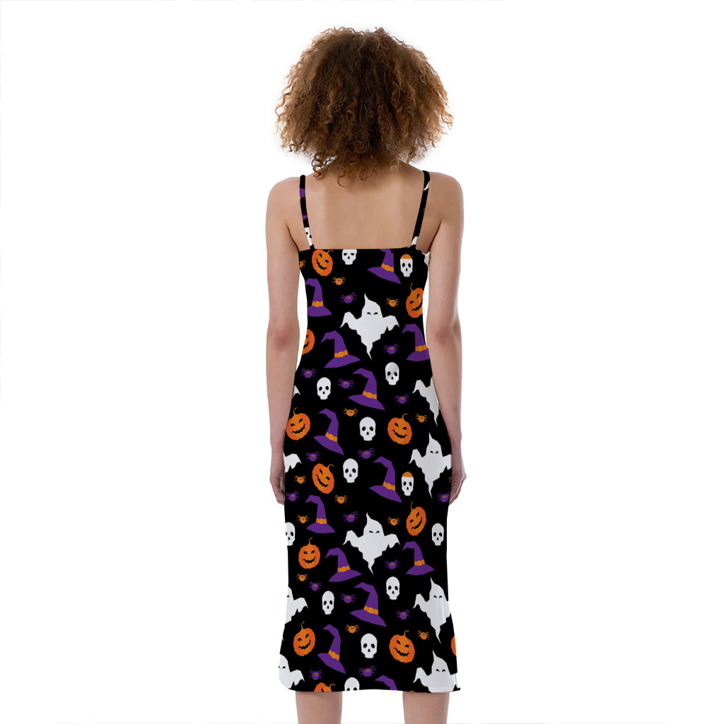 Happy Halloween Ghost Pattern Print Slim Fit Midi Cami Dress