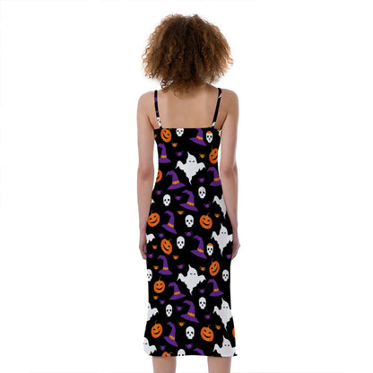Happy Halloween Ghost Pattern Print Slim Fit Midi Cami Dress