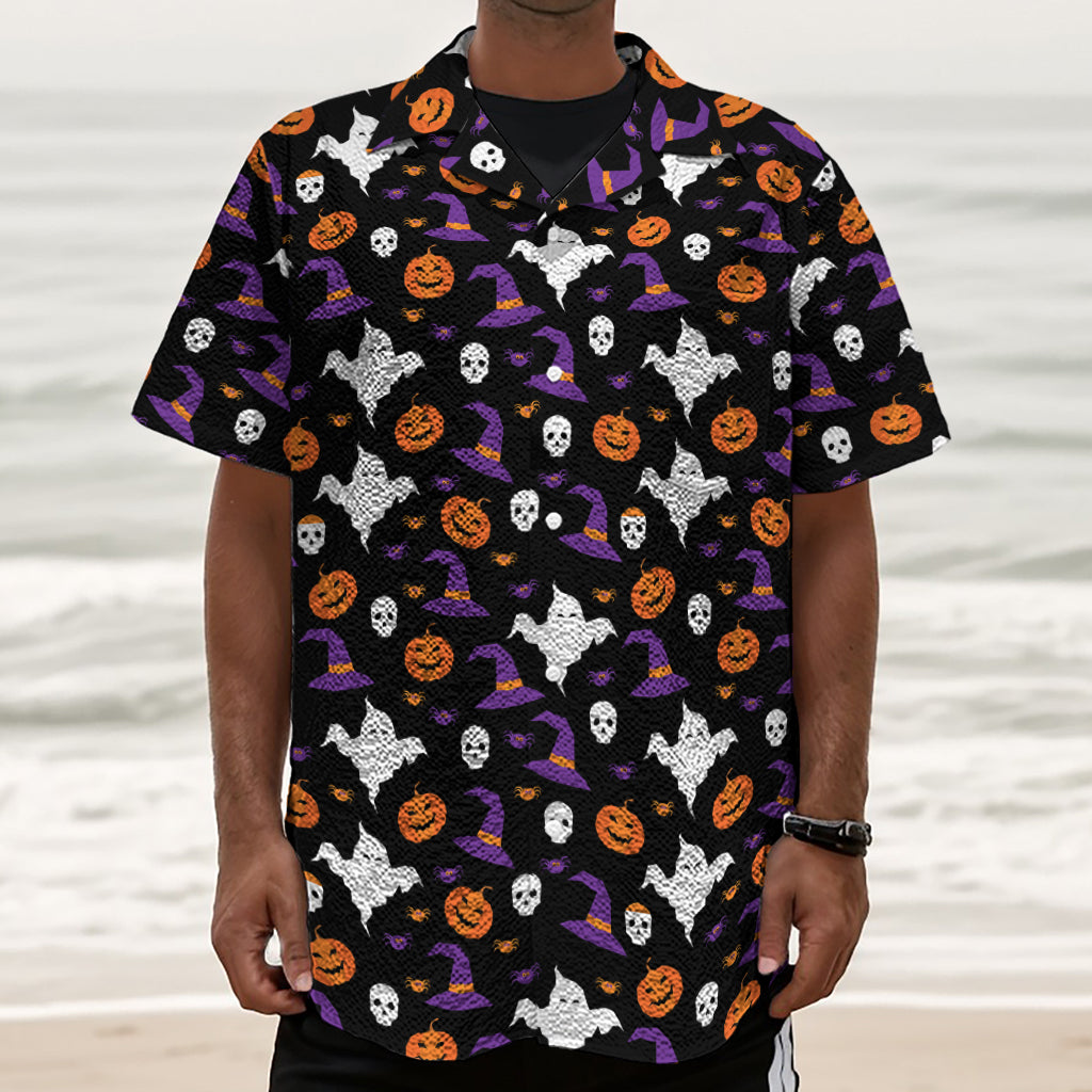 Happy Halloween Ghost Pattern Print Textured Short Sleeve Shirt