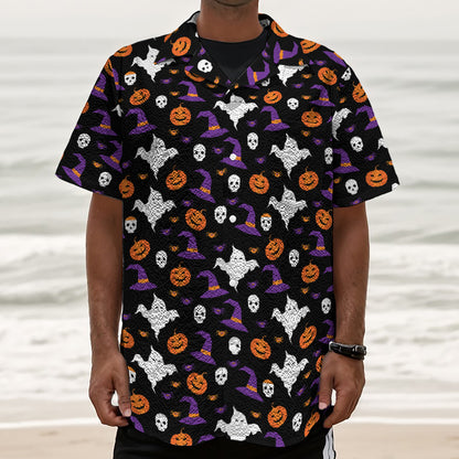 Happy Halloween Ghost Pattern Print Textured Short Sleeve Shirt